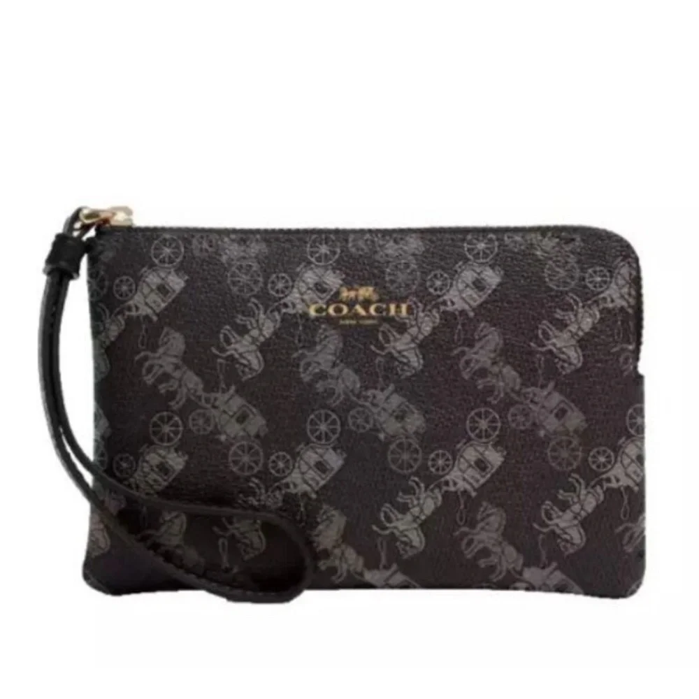 Coach Corner Zip Wristlet Wallet with Horse & Carriage Print Black Grey